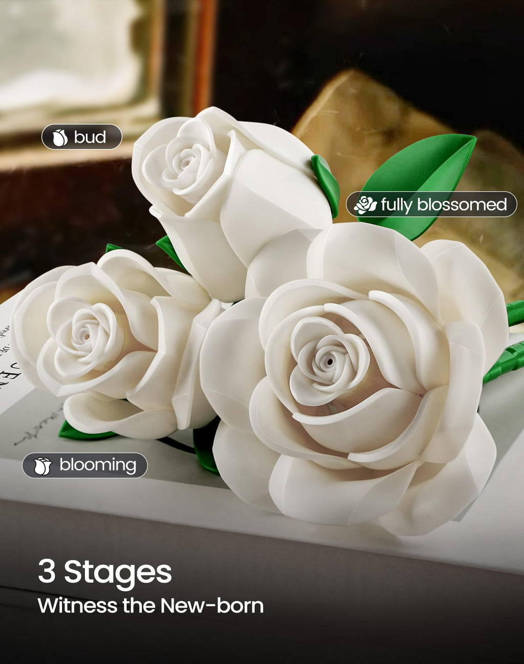 White Rose Bouquet Building Set, Compatible with Lego Flowers for Adults Women, Botanical Collection Gift for Valentines & Mother's Day - Artificial Plant Home Decor - IA11013