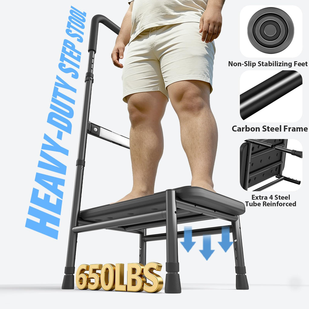 Upgraded Step Stool with Handle for Elderly Adults, Sturdy Bedside Step Stool for High Beds, Handle Step Stools with Sensor Light & Storage Bag,Heavy Duty 650lbs Bed Steps with Adjustable Handle & Leg