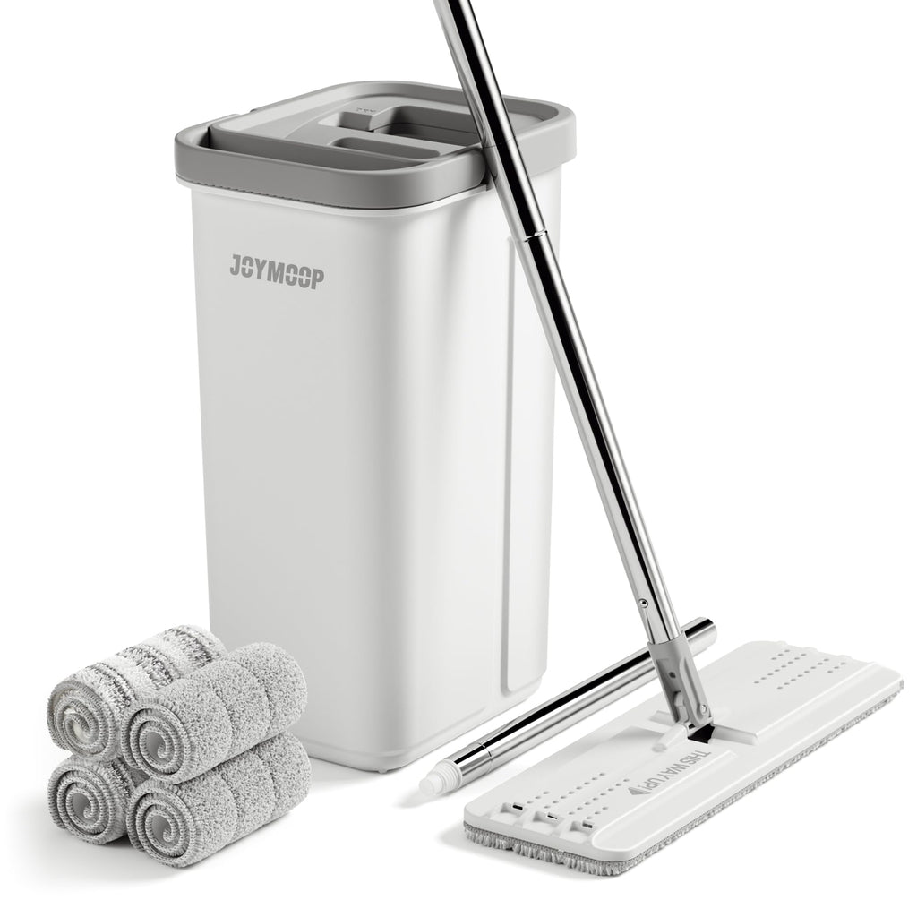 JOYMOOP Flat Mop System, Microfiber Mop and Bucket Set, White, Hands-Free Floor Cleaning System with Wringer, Wet and Dry Use, 60" Handle, Includes 4 Reusable Pads