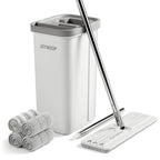 JOYMOOP Flat Mop System, Microfiber Mop and Bucket Set, White, Hands-Free Floor Cleaning System with Wringer, Wet and Dry Use, 60" Handle, Includes 4 Reusable Pads