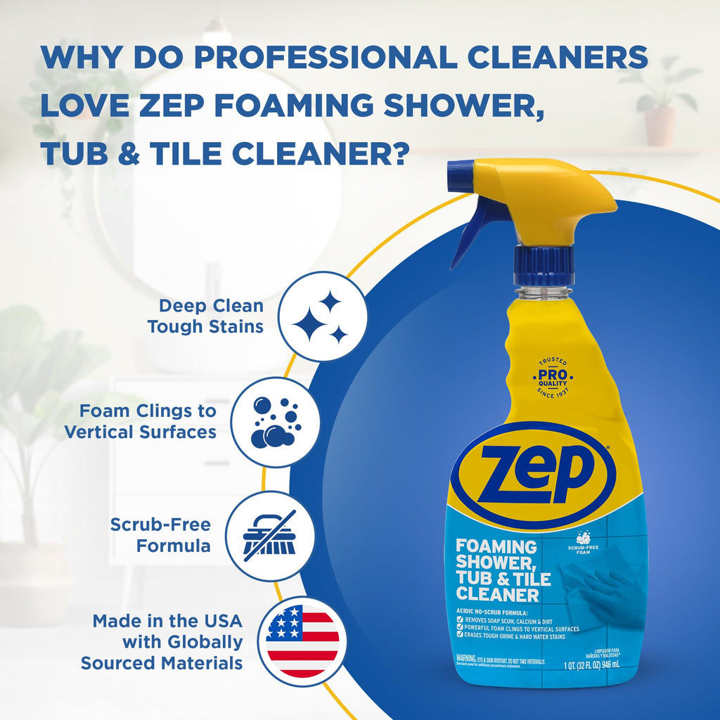 Zep Foaming Shower Tub and Tile Cleaner - 32 oz (Case of 4) ZUPFTT324 - No Scrub Formula, Breaks up Tough Buildup on Contact