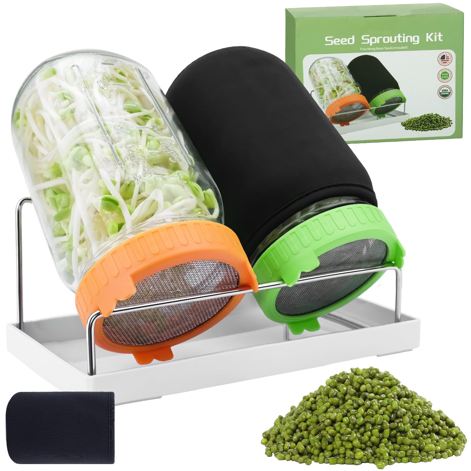 Seed Sprouting Jar Kit with Mung Beans 2.9oz, 2 Large Wide Mouth Mason Jars with Sprouting Lids, Blackout Sleeves, Drain Tray, Sprouts Growing Kit for Growing Bean, Alfalfa, Radish Sprout Seeds