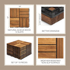 THYOI Premium Deck Tiles, Patio Flooring - Set 10 Pcs 12”x12”x0.9” Interlocking Deck Tiles, Waterproof Acacia Wood for Balcony, Backyard, Indoor & Outdoor (Golden Teak, Crossed Pattern, Square Joints)