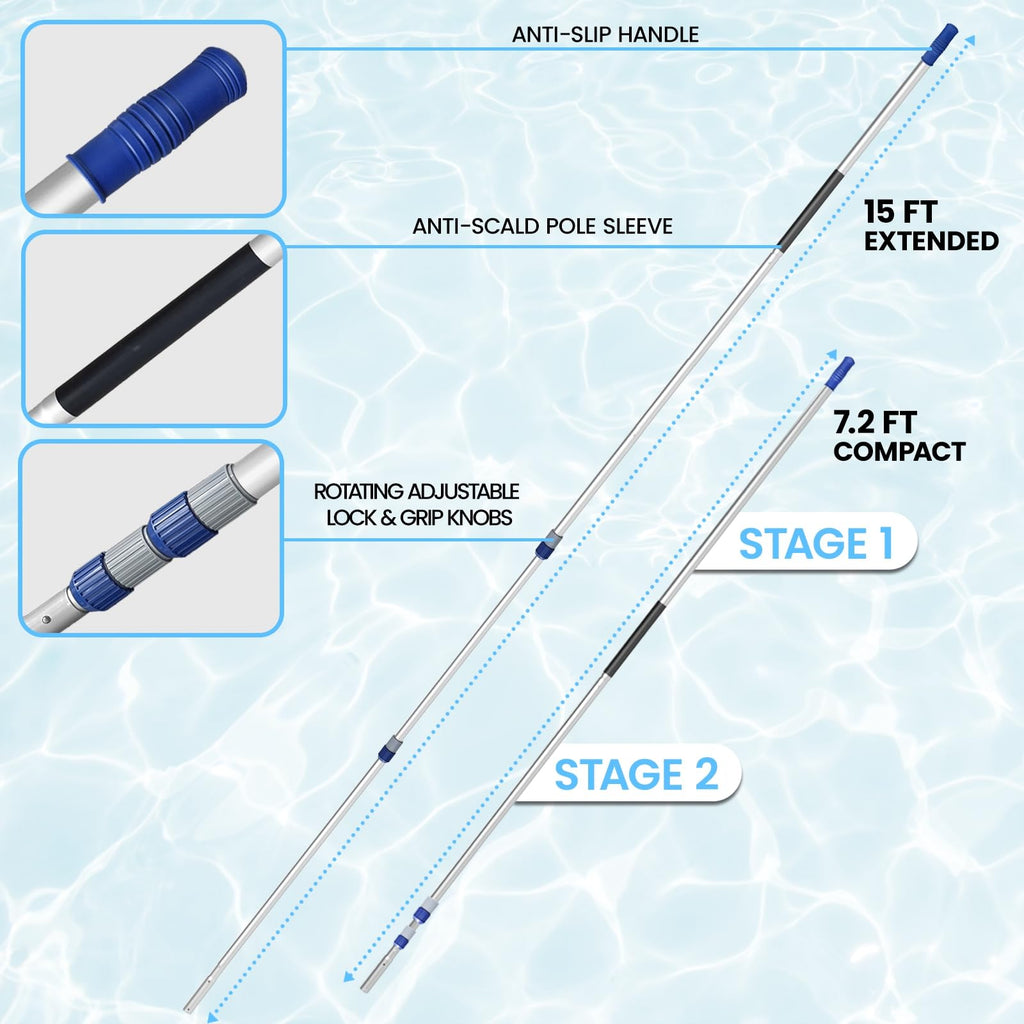 Poolvio 15FT Pool Pole, 3-Piece Telescopic Swimming Pool Cleaning Pole with Universal Threaded Tips, 2-in-1 Design for Skimmer Nets, Vacuum Heads, Brushes & Household Cleaning Tools