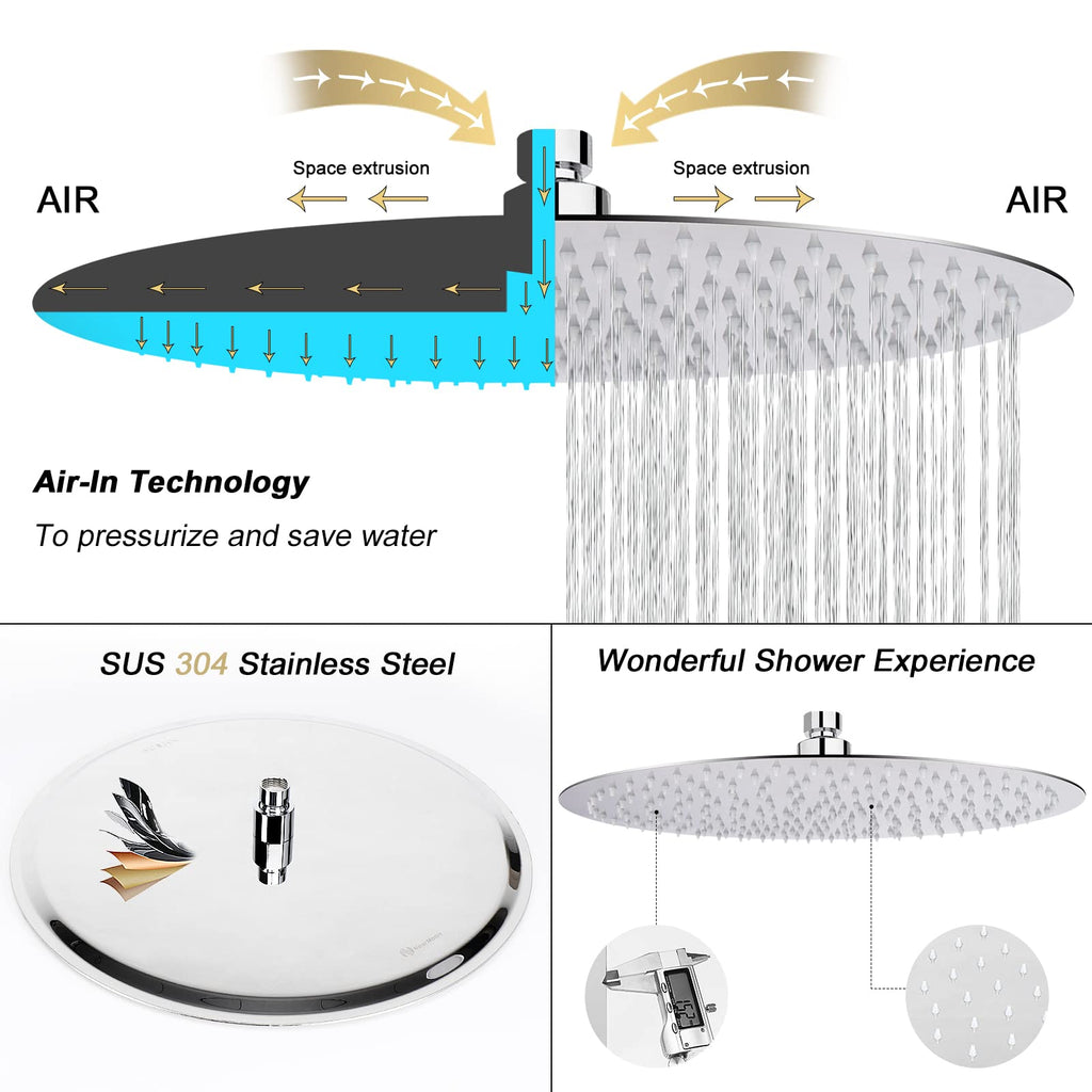 NearMoon Rain Shower Head, Ultra-Thin Design-Pressure Boosting, Awesome Some Experience, High Flow Stainless Steel Rainfall Head (16 Inch, Chrome Finish)