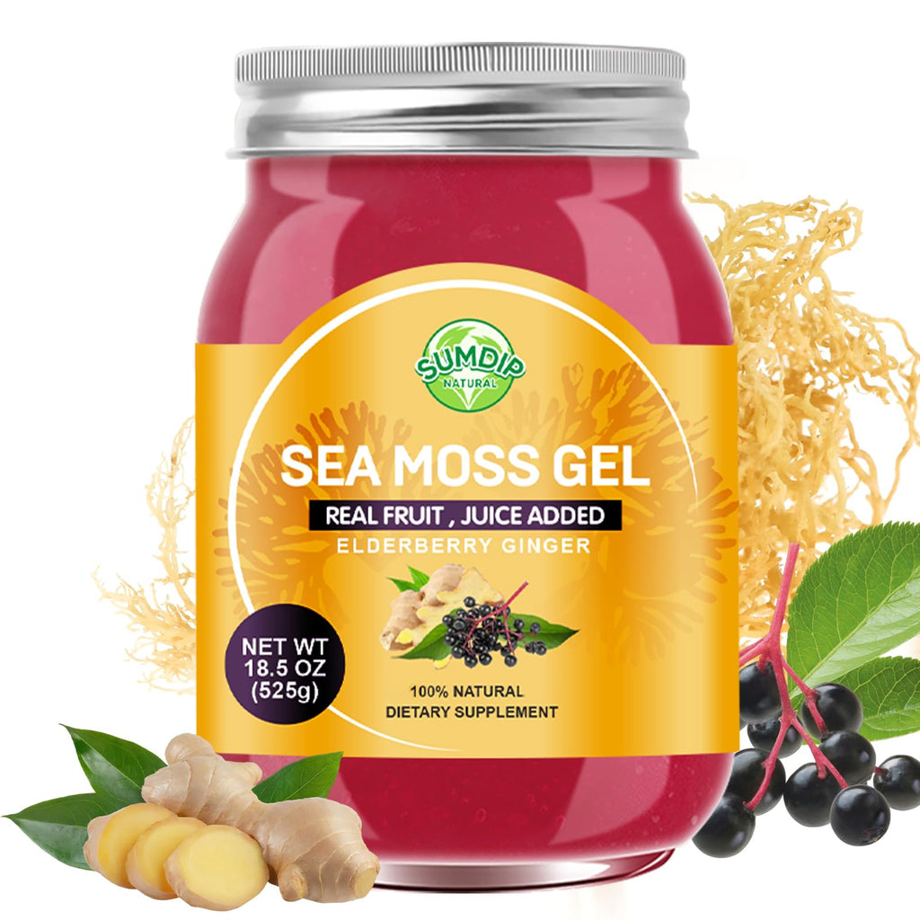 SumDIP 18.5OZ Seamoss Gel, Raw Wildcrafted Irish Seamoss Gel Immune and Digestive Support Vitamin Mineral Supplements, Elderberry Ginger