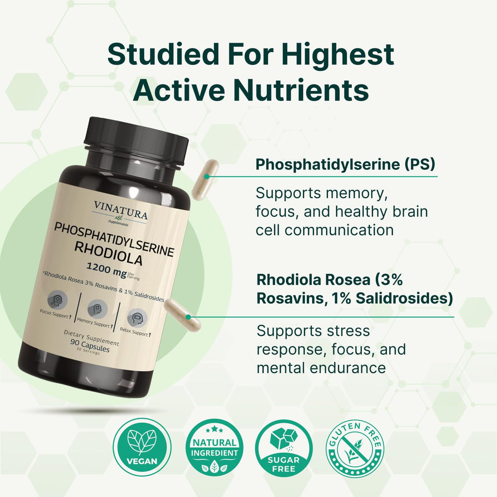 VINATURA PhosphatidylSerine 1200mg - with Rhodiola Rosea, 90 Capsules 30 Servings