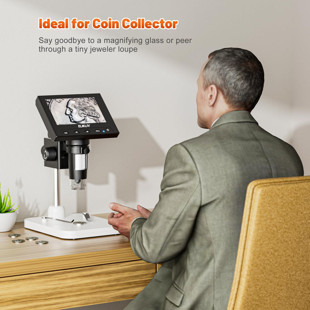 Elikliv Microscope, LCD Digital Coin Microscope 1000x, Coin Magnifier with 8 Adjustable LED Lights, PC View Compatible with Windows/MacBook, EDM4, 4.3-Inch