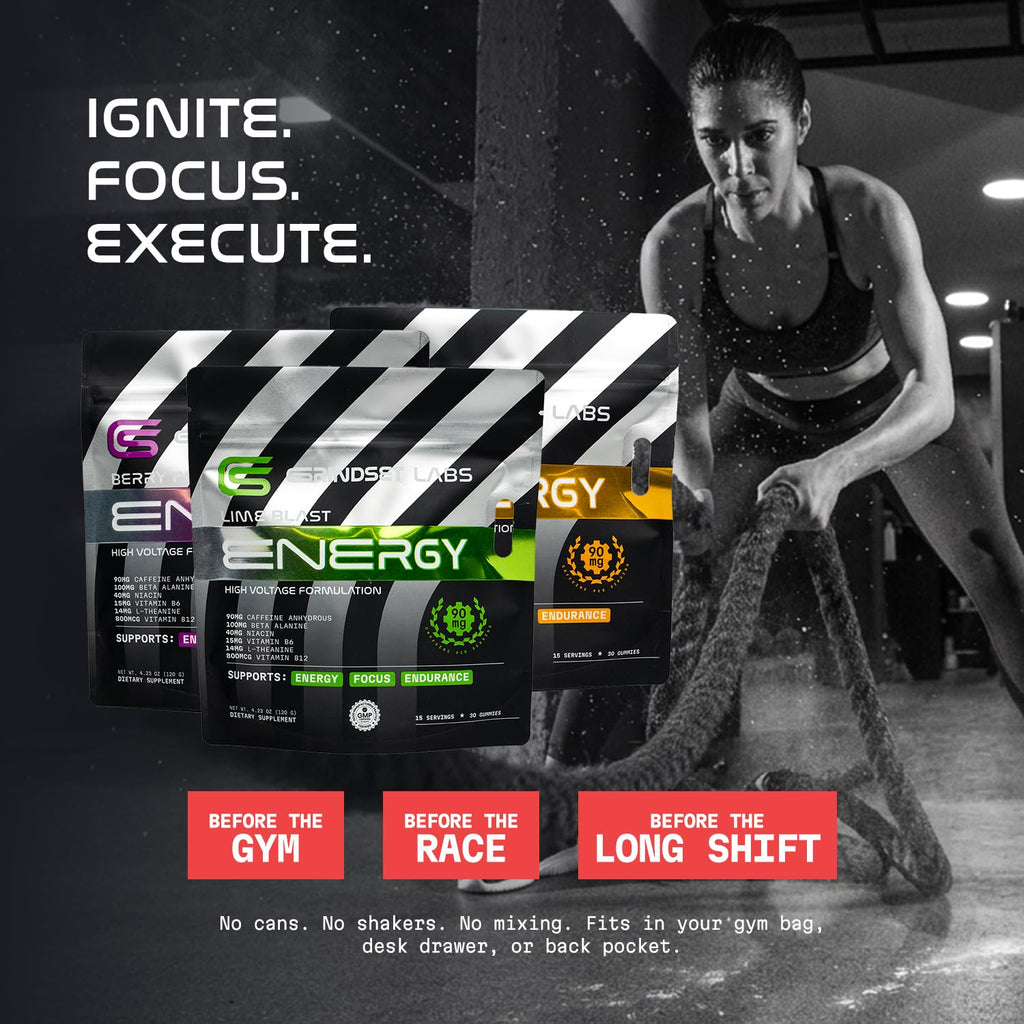 GRINDSET LABS Energy Gummies for Men and Women, 90mg Caffeine with Beta-Alanine, L-Theanine, B12 and B6, Pre Workout Focus and Endurance Support, Vegan Non-GMO, Berry Plum, 30 Count