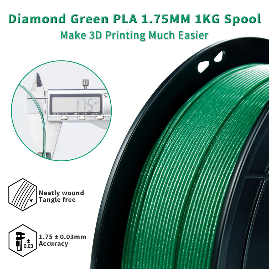 ZIRO Diamond Series Filament, 3D Printer Filament 1.75mm, Shiny Sparkle PLA with Glitter, Twinkling Neatly Wound 1kg/2.2lbs Spool, Fit Most FDM 3D Printers, Dimaond Green