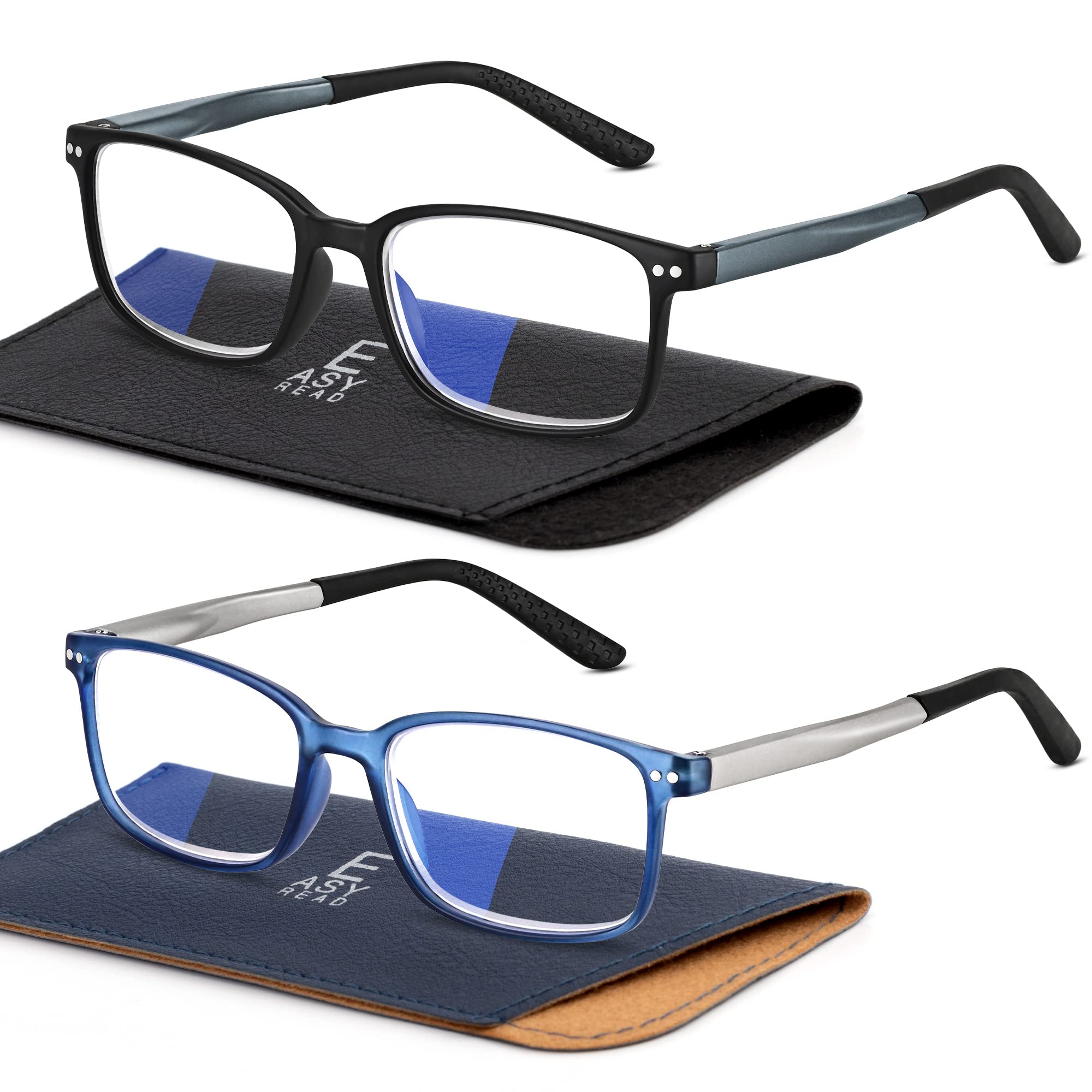 EASY READ 2 Pairs Sporty Style Reading Glasses for Men，Rectangular TR90 Blue Light Blocking Readers with Spring Hinge(Magnification 1.50,Black/Blue)