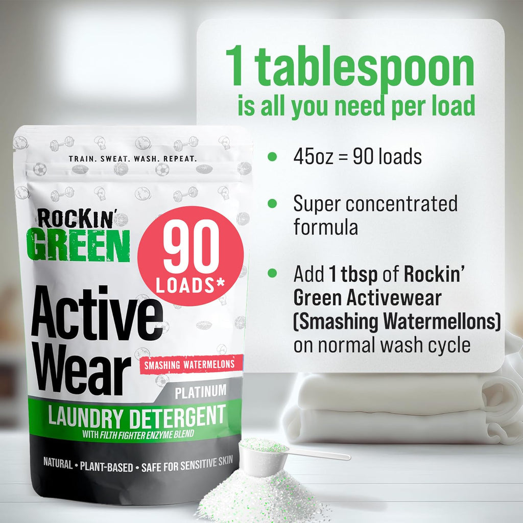 Rockin' Green Laundry Detergent, Plant based, All Natural Laundry Detergent Powder, Vegan and Biodegradable Odor Fighter, Safe for Sensitive Skin (Active Wear 90 Loads - Smashing Watermelons)
