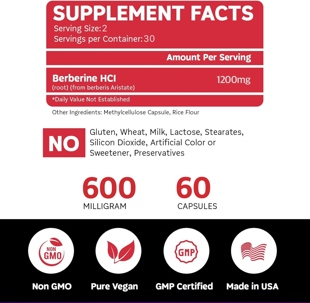 BoostCeuticals Berberine Supplement 1200mg (2 x 600mg) - Berberine HCl Vegan Capsules - Daily Wellness Support - Gluten Free Non GMO - 60 Capsules