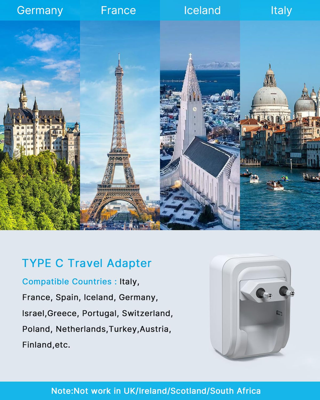 2 Pack European Travel Plug Adapter, VINTAR Foldable International Power Adapter with 2 AC Outlets 3 USB Charging Ports(2 USB C), Type C Power Adaptor to Most Europe Italy Spain France Iceland Germany
