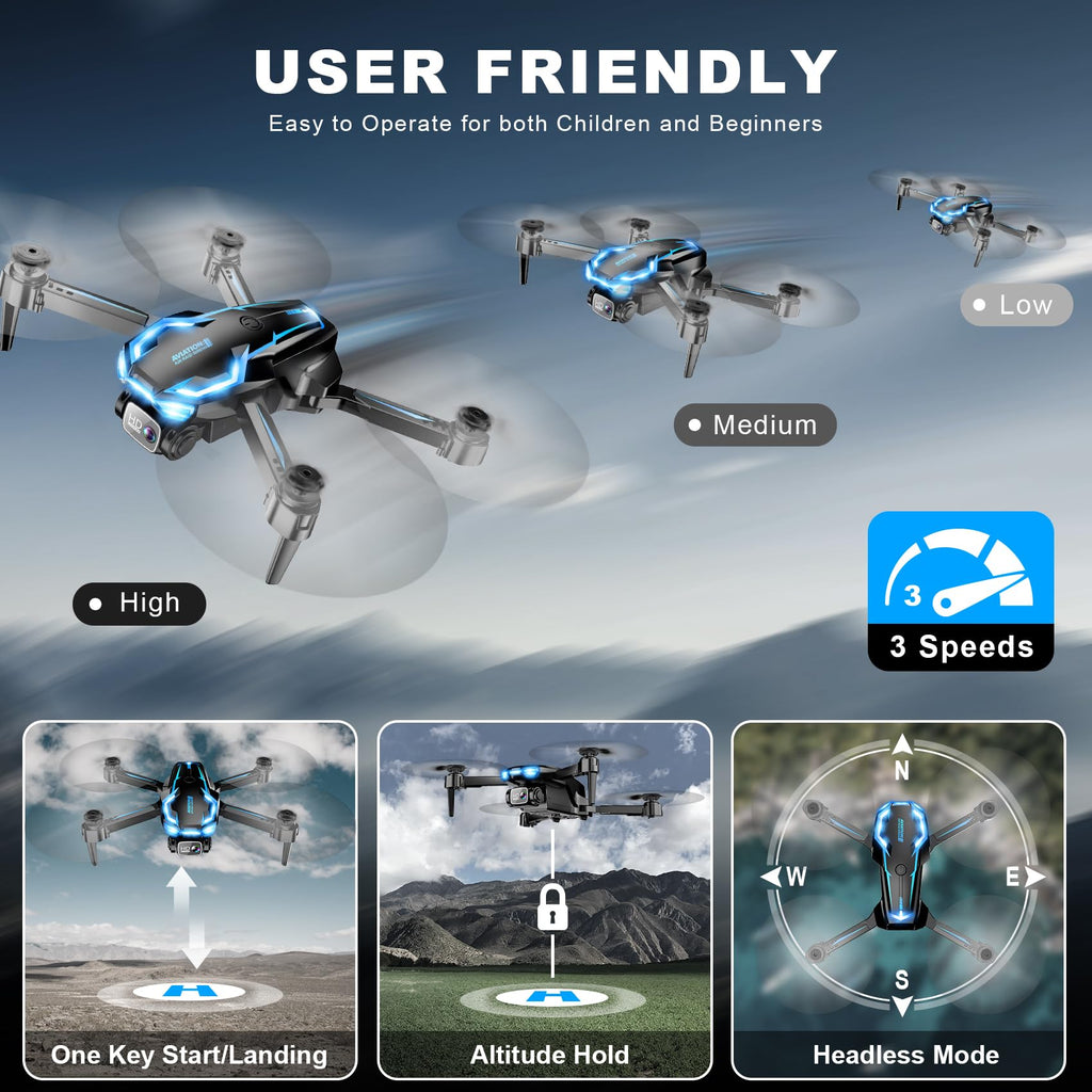 2K HD FPV Drone with Camera for Adults - Altitude Hold, One-Key Takeoff/Landing, 3 Speed Modes, Headless Mode, 2 Batteries, Foldable & Portable, Best Gifts for Beginners, Teen Boys & Girls
