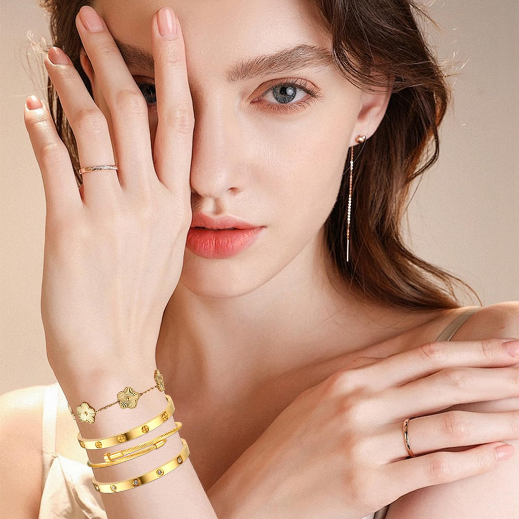 Womens Stackable Floral Gold Bracelets - 4Pcs 18K Gold Plated Bracelet,Stainless Steel Bangle Bracelets Non Tarnish, Gold Bracelet Set Trendy Jewelry,Christmas Valentines Birthday Gifts for Girlfriend