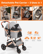 HOVONO Dog Stroller with Detachable Carriers, 3-in-1 Pet Stroller for Two Small to Medium Pets, Lightweight Aluminum Alloy Frame with 4-Wheel Suspension, Foldable Dog & Cat Stroller up to 60 lbs