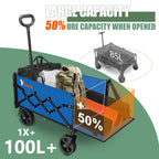 YSIATN Collapsible Folding Wagon Cart with Tailgate - 300lbs Heavy Duty Foldable Utility Wagon and Brake Wheels - 100L Lightweight Grocery Wagons for Shopping Camping Sports Garden, Blue