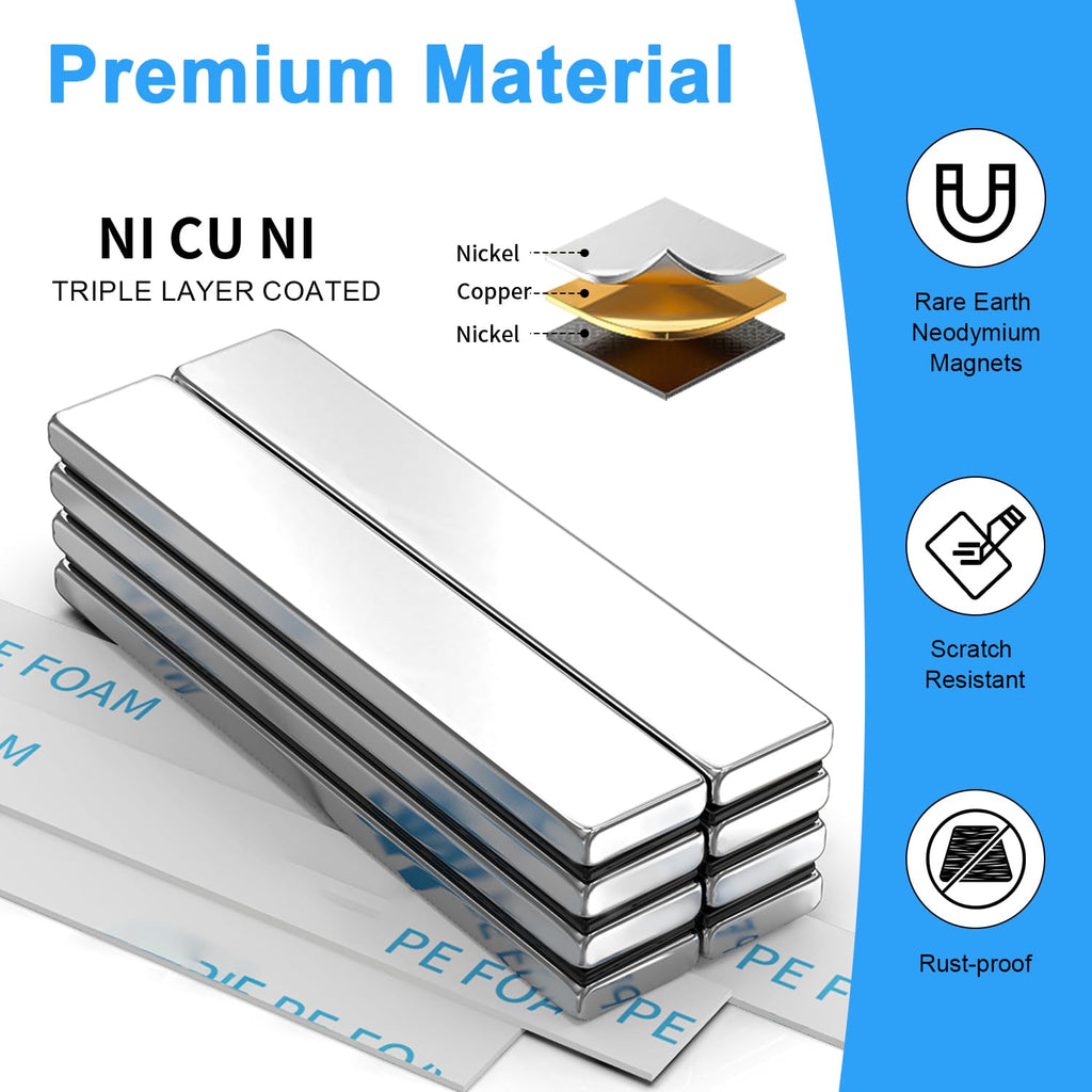 Heavy Duty Magnets, Caturledas 4 Pack Strong Rare Earth Neodymium Magnets with Double Sided Adhesive, Rectangular Bar Magnetic Strip for Refrigerator Calendar Office Whiteboard, 60x10x3 mm, Silver