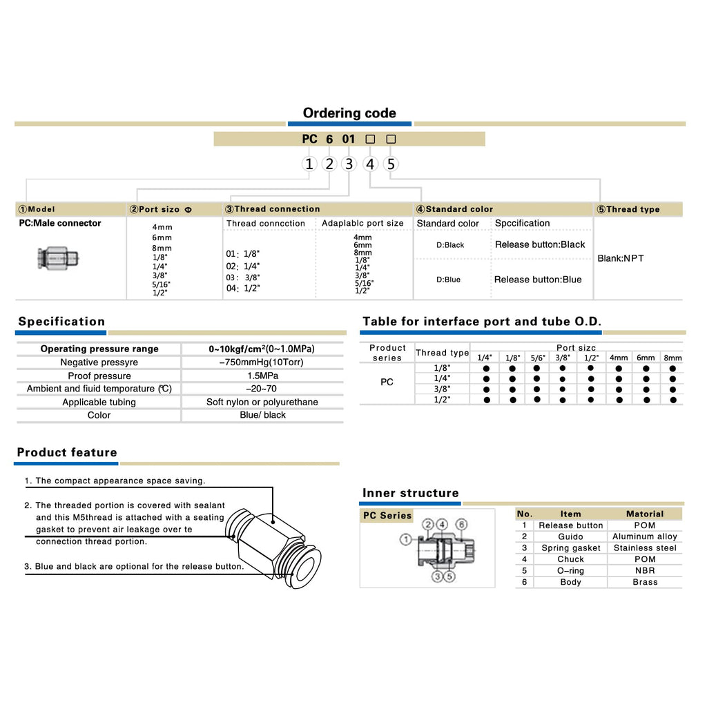 Push to Connect Fittings 1/2,CEKER 1/2 Inch Od Tube to 1/2" NPT Male Thread air line Quick Connect fittings For Air Ride Air Horn Air Compressor 5Pack