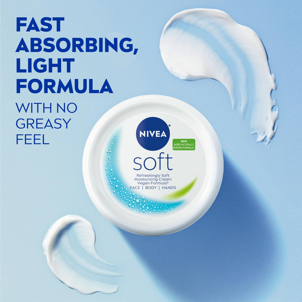 NIVEA Soft Refreshingly Soft Moisturizing Cream for Face, Body and Hands, Lightweight, Non-Greasy, 48-Hour Body Moisturizer with Jojoba Oil and Vitamin E, 6.8 Oz Jar, Pack of 3