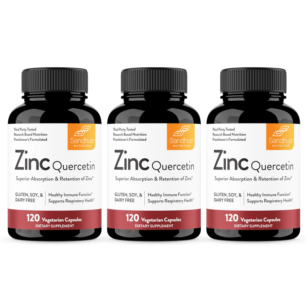 Sandhu's Zinc Quercetin 120 Vegetarian Capsules (Pack of 3) | High Absorption Zink Supplements for Immunity and Seasonal Allergy | Antioxidant Immune Support for Men and Women | Easy to Swallow