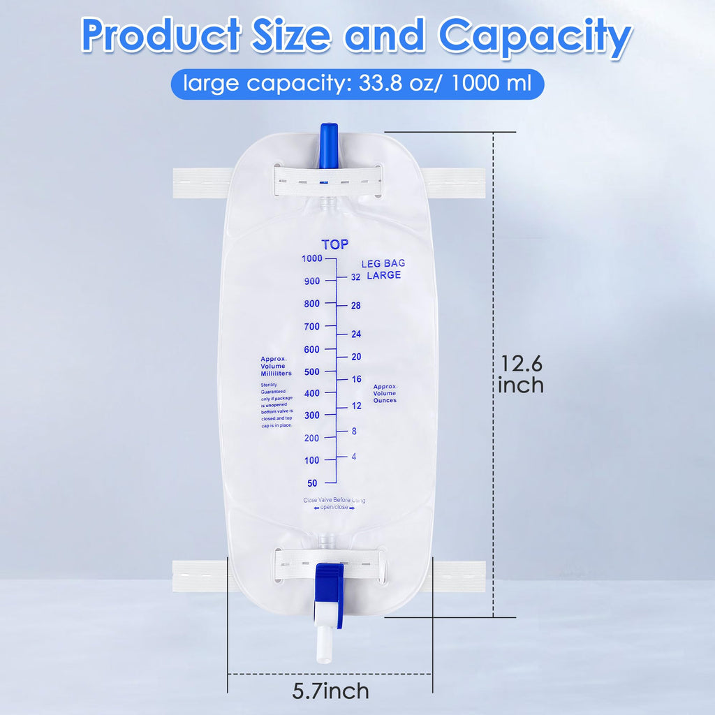 Geiserailie 5 Pack 1000ml Leg Bag Urinary Drainage Bag with Anti Reflux Valve, 33.8oz Large Capacity Urine Leg Catheter with Cloth Straps, Easy Flip Drain, Urinary Catheter for Men, Women