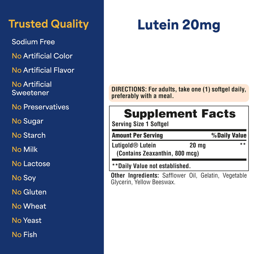 Puritan's Pride Premium Lutigold Lutein Carotenoid 20mg with Zeaxanthin for Men and Women, Dietary Supplement for Eye Health Support, 8 Month Supply, 120 Easy-to-Swallow Softgels, 2 Pack
