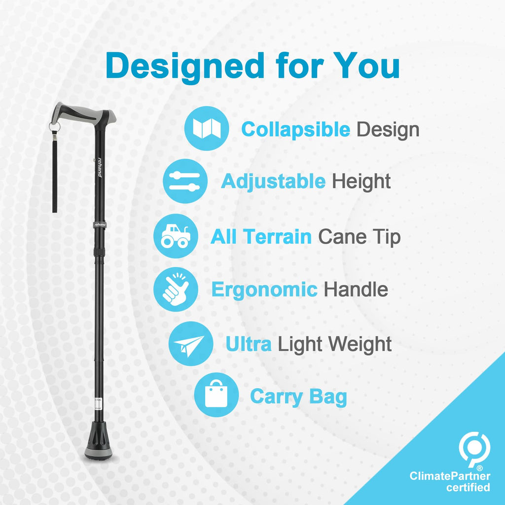 REHAND Walking Cane - Foldable, Adjustable, Collapsible Walking Canes for Men & Women, Heavy Duty All Terrain Tip, with Travel Bag | Walking Sticks for Seniors & Adults (Natural Black)