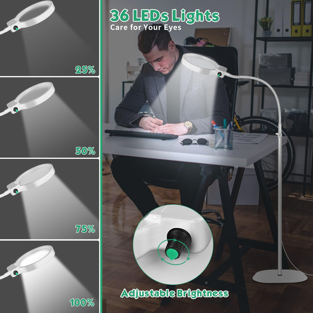 10X 20X Floor Magnifying Glass with Light and Stand,36 LED Flexible Gooseneck Floor Magnifying Lamp, Adjustable Brightness Large Lighted Magnifiers for Reading,Sewing,Crafts,Painting,DIY,White