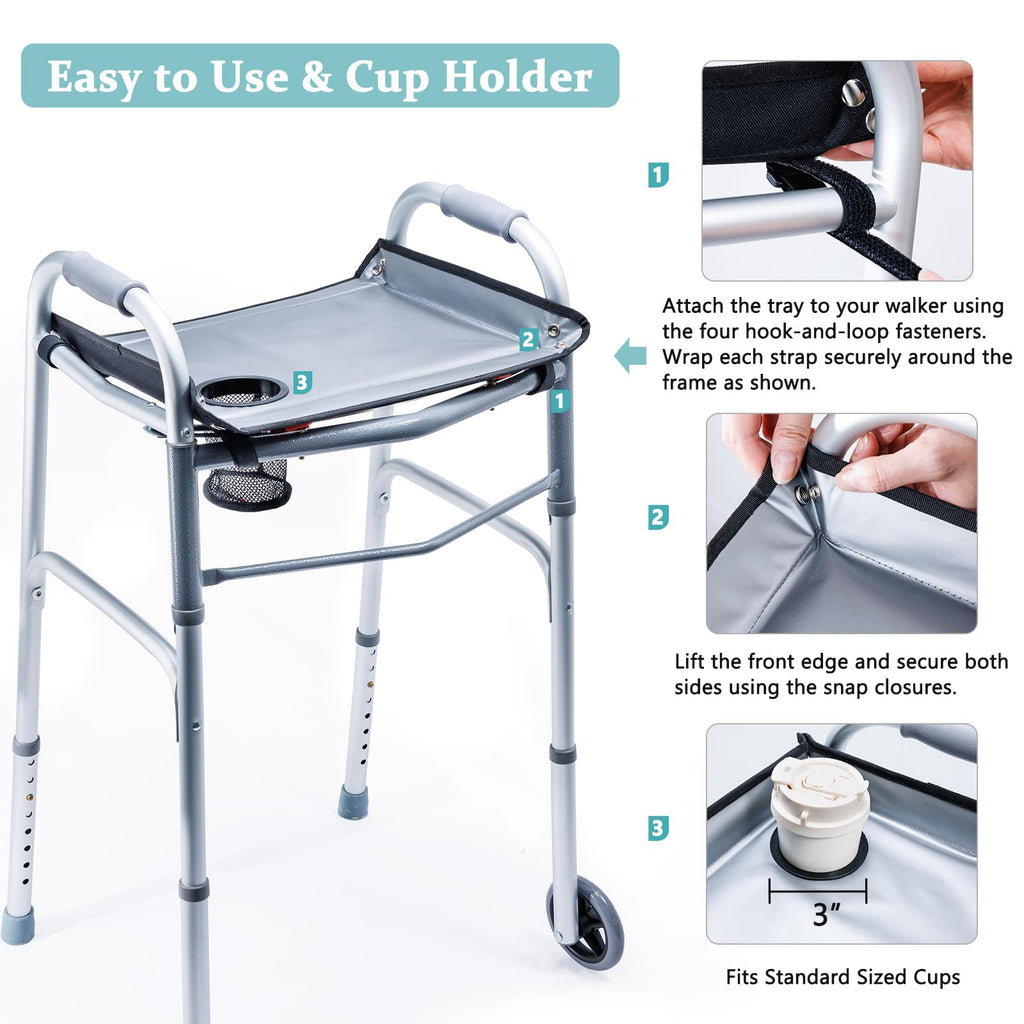 BAGSFY Walker Tray for Folding Walkers with Cup Holder – Hard Tray Table for Seniors,Easy Install, Universal Fit Walker Accessory for Meals, Drinks, Reading, Laptop