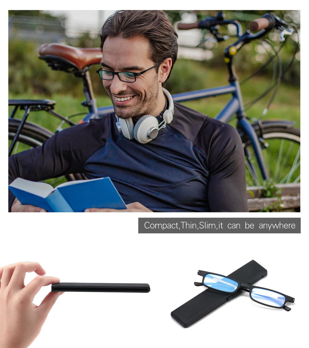 SKYOAK Ultra thin Lightweight Folding Reading Glasses Women Men TR90 Blue Light Blocking Anti UV/Eyestrain Foldable Compact Computer Readers Portable Unique Stretchable Slim Flat case Black +1.5