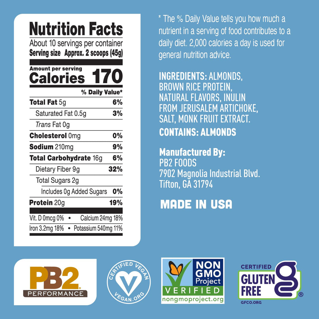 PB2 Performance Almond Plant Based Vegan Protein Powder | 20g Complete Protein, No Added Sugar, Prebiotic Fiber | Dairy Free, Certified Vegan, Non-GMO, Gluten Free [Almond w/Madagascar Vanilla, 1LB]