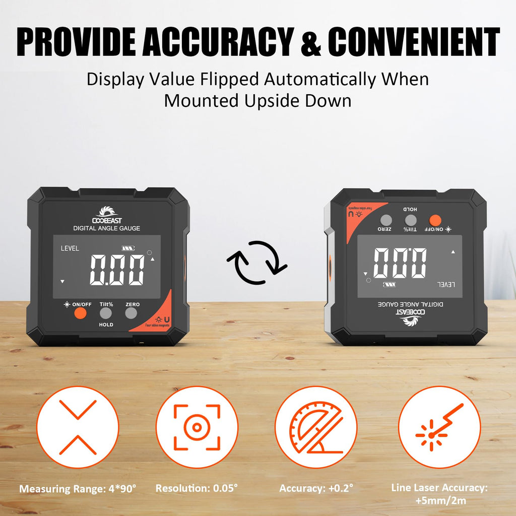 Digital Angle Finder with Laser, 4-Side Magnetic Digital Angle Gauge, Rechargeable Mini Digital Laser Level Measuring Tool Cube Inclinometer with Backlight for Woodworking Tablesaw Gift for Men Black
