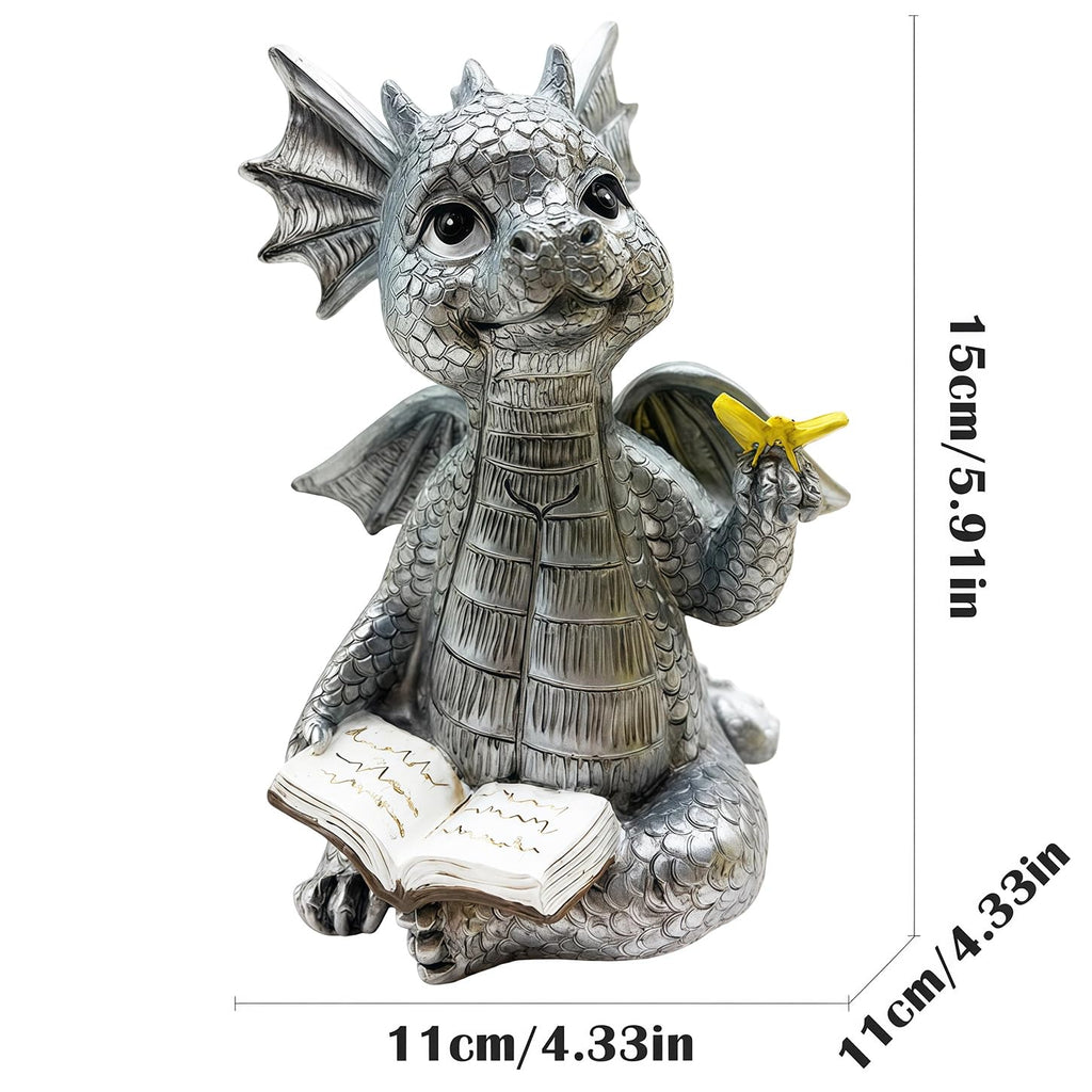 JARPSIRY Cute Dragon Reading Book Statue, 5.9-Inch Tall Dinosaur Holding Butterfly Figurines Art Resin Sculpture Outdoor Garden Decor Home Desk Ornaments