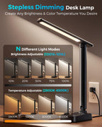 LED Desk Lamp with Power Strip, 3 AC Outlets & 4 USB Ports (2 USB-C), Stepless Dimming & 2800K-6500K Eye-Caring Desk Light, Foldable Table Lamp with 5FT Cord for Home Office, Dorm Room Essentials