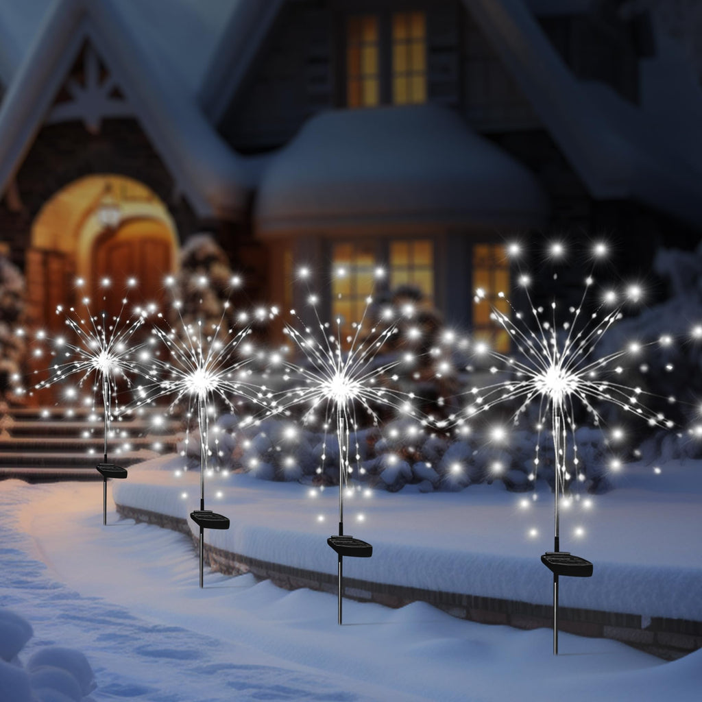 Solar Garden Firework Lights Outdoor Waterproof, 4 Pack Solar Powered Art Stake Twinkle Lighting for Outside Decor, 120 LED Sparklers String Lights for Yard Pathway Decorations(White)