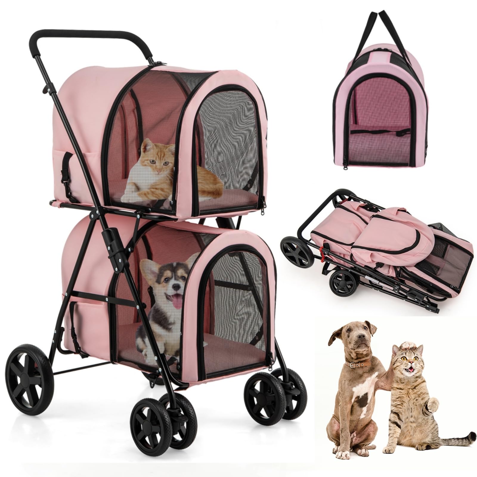 HAPPAWS Dog Stroller with 2 Detachable Carrier, Pet Stroller for Small Medium Dogs Cats, Jogger/Travel/Camping, 4-in-1 Doggy Pet Carrier, Carrier Strolling Cart with Lockable Wheels (Light Pink)