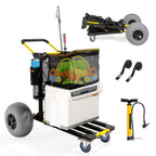 Bonnlo Beach Cart with 12" Big Balloon Wheels for Sand, Foldable 2-in-1 Beach Buggy Cart Fishing Cart with Large Cargo Deck, Fishing Rods Holder, Water Bottle Holder, 2 Mesh Bag, Hand Pump