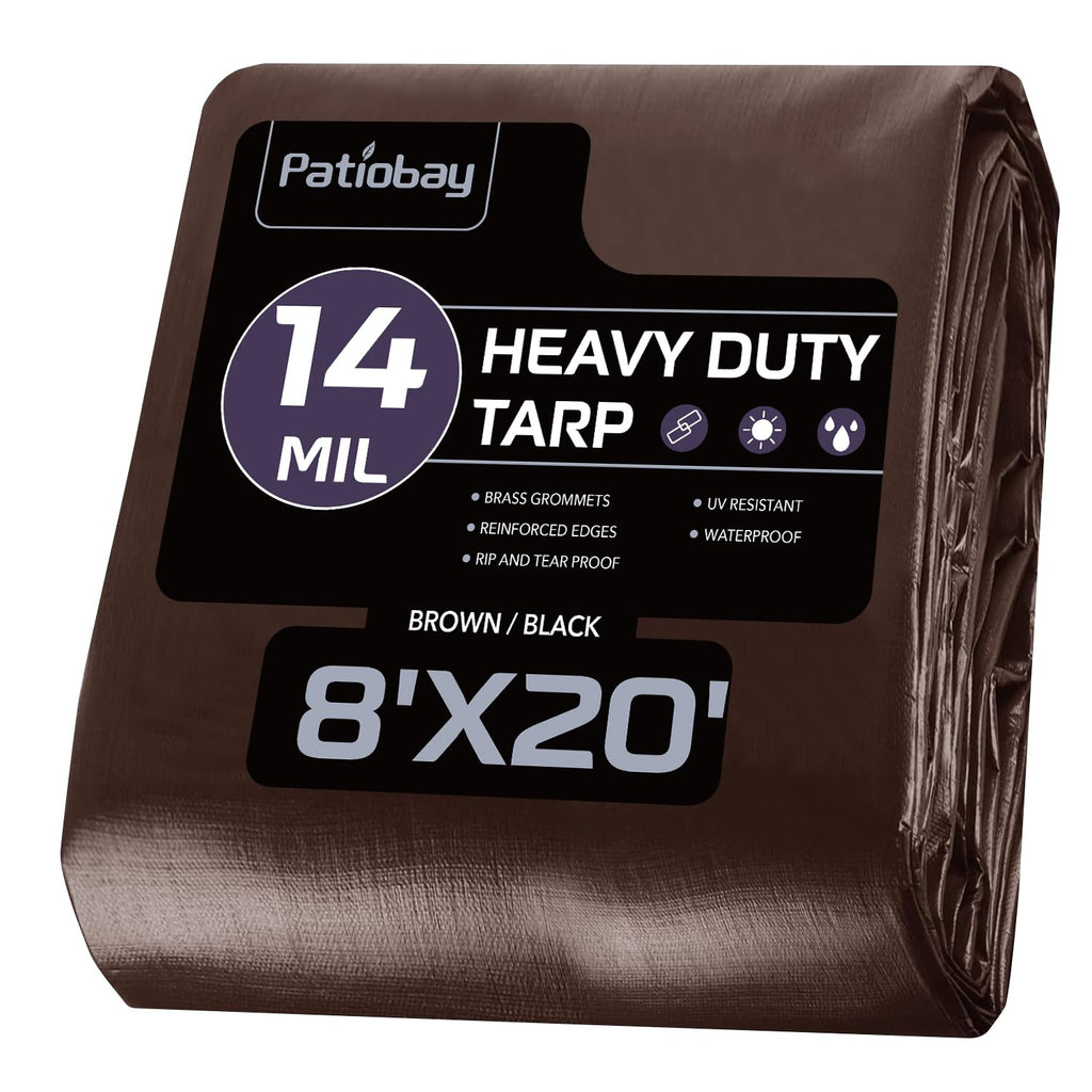 Patiobay Tarp 8x20FT, 14 Mil Large Tarps Heavy Duty Waterproof with Grommets Every 23.6", 420D Thick Plastic Tarp, UV Resistant Tear&Fade Resistant, Reinforced Edges for Outdoor Pool Camp Tent