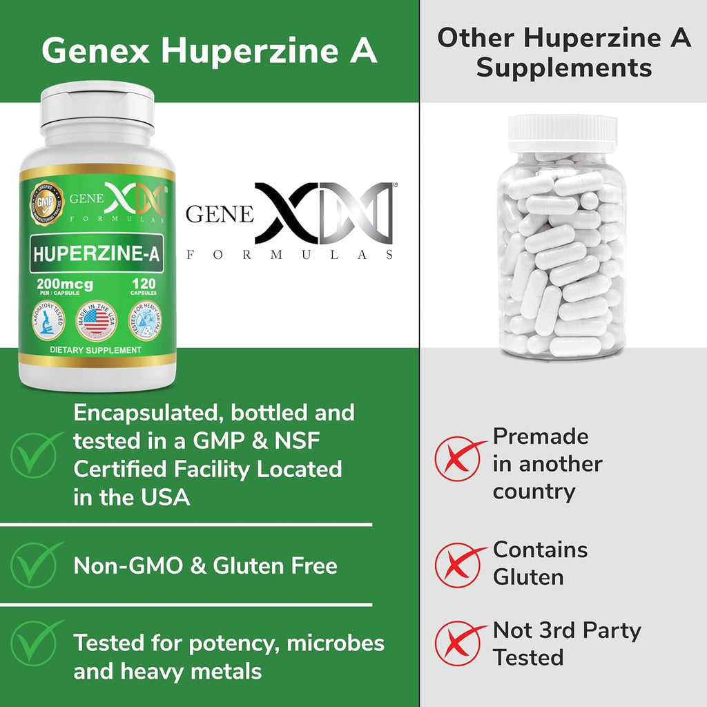 Genex Formulas Huperzine A 200mcg (120 Capsules) | Nootropic Supports Memory, Focus, and Cognitive Health - Non-GMO, Gluten Free, Vegetarian