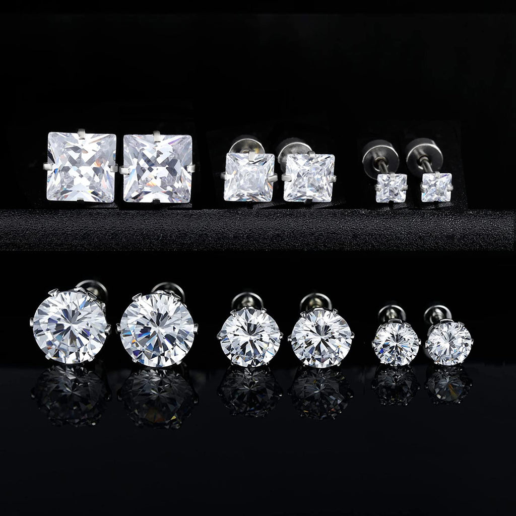 6 Pairs Screw Back Titanium Surgical Stainless Steel Round Square Princess Cut CZ Earrings For Women Men Hypoallergenic Cubic Zirconia Earrings (White Gold Plated)
