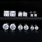 6 Pairs Screw Back Titanium Surgical Stainless Steel Round Square Princess Cut CZ Earrings For Women Men Hypoallergenic Cubic Zirconia Earrings (White Gold Plated)