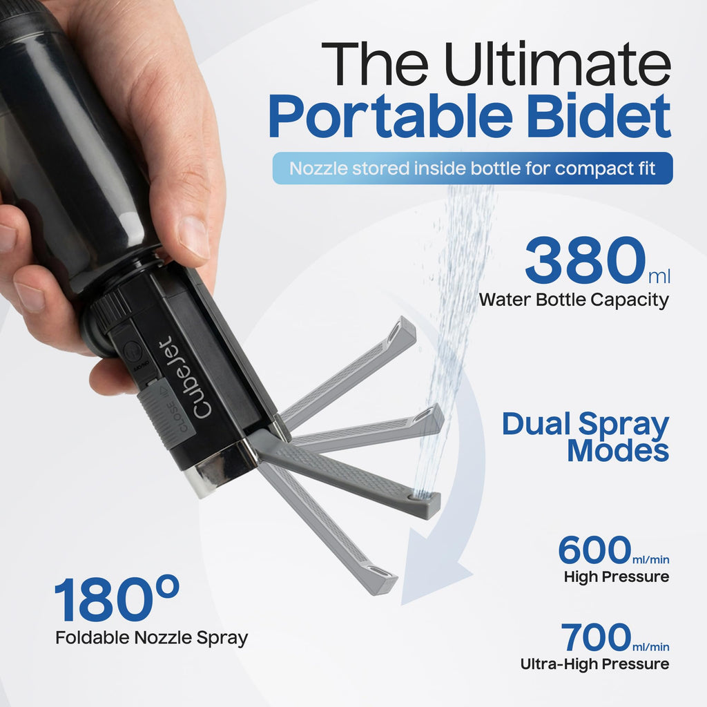 BIDET BUDDY® CubeJet Portable Bidet for Travel - 380ml Bottle, 1100mAh Rechargeable Battery, IPX6 Waterproof Wand-Style Nozzle, USB-C High-Pressure Hygiene Device for Camping & Home