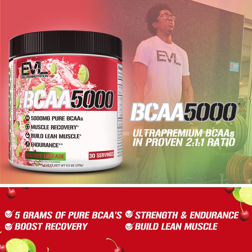 Evlution EVL BCAAs Amino Acids Powder - BCAA Powder Post Workout Recovery Drink and Stim Free Pre Workout Energy - 5g Branched Chain Amino Acids Supplement for Men - Cherry Limeade