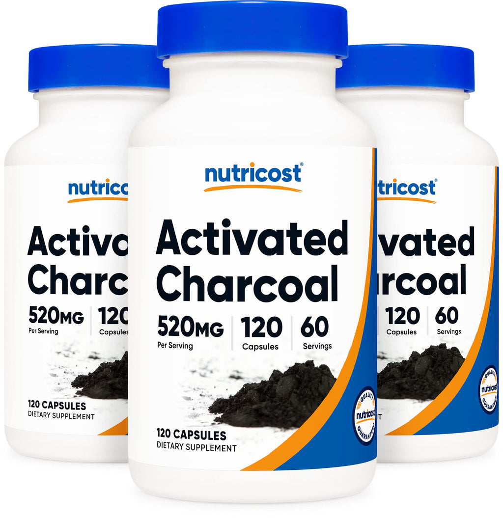 Nutricost Activated Charcoal 520mg, 120 Capsules - Premium Powder, Non-GMO & Gluten Free (3 Bottles)