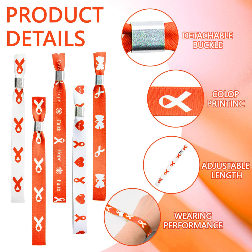 WANDIC Orange Ribbon Bracelets, 30 Pcs 5 Styles Leukemia Awareness Wristbands Adjustable Polyester Wrist Bands Kidney Cancer Wrist Strap for Men Women, 6.89 * 0.59in, Polyester, no Gemstone