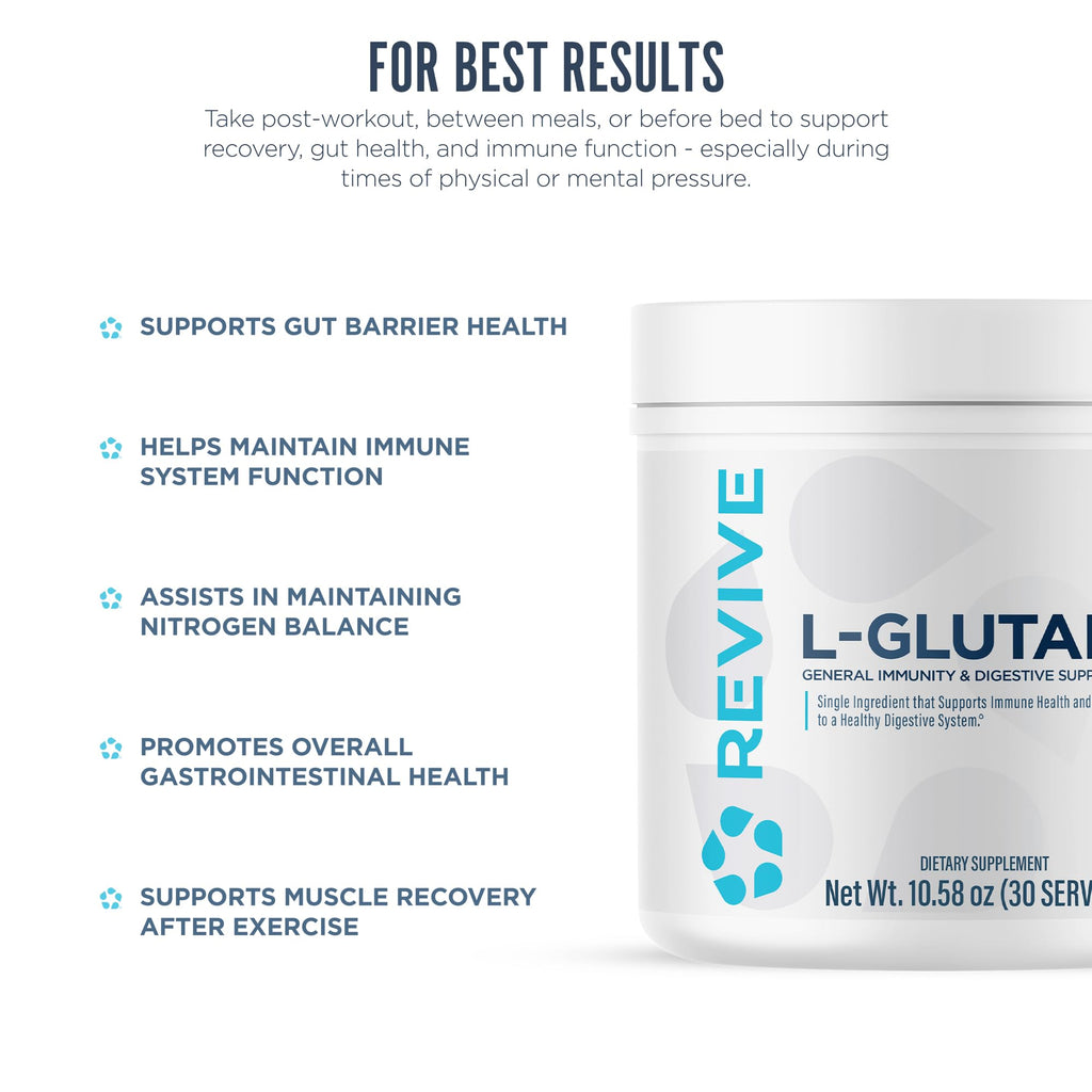 Revive MD Gut L-Glutamine Powder - Muscle Recovery & Immune Support Supplement for Adults - Promotes Digestive Health, Reduces Muscle Soreness & Supports Immunity - Vegan (90 Servings)