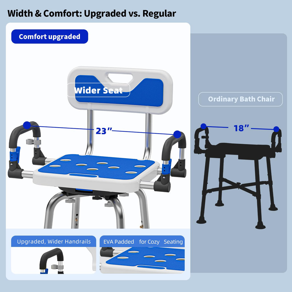 Swive Shower Chair with Arms and Back Heavy Duty 500 lbs for Seniors Elderly Disabled or Bariatric Adults Bench Seat for Inside Shower Stall and Bathroom Bath Tub Seats Adjustable Stool