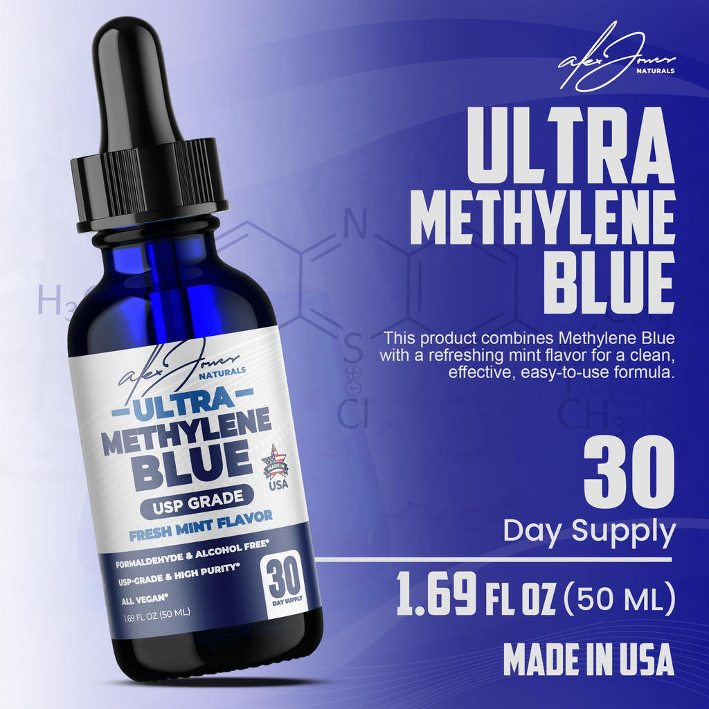 Alex Jones Ultra Methylene Blue Drops 1% USP Grade High Purity Solution – Fresh Mint Flavored, 50 mL (1.69 fl oz) Dropper Bottle – Organic Methylene Blue - 30 Day Supply